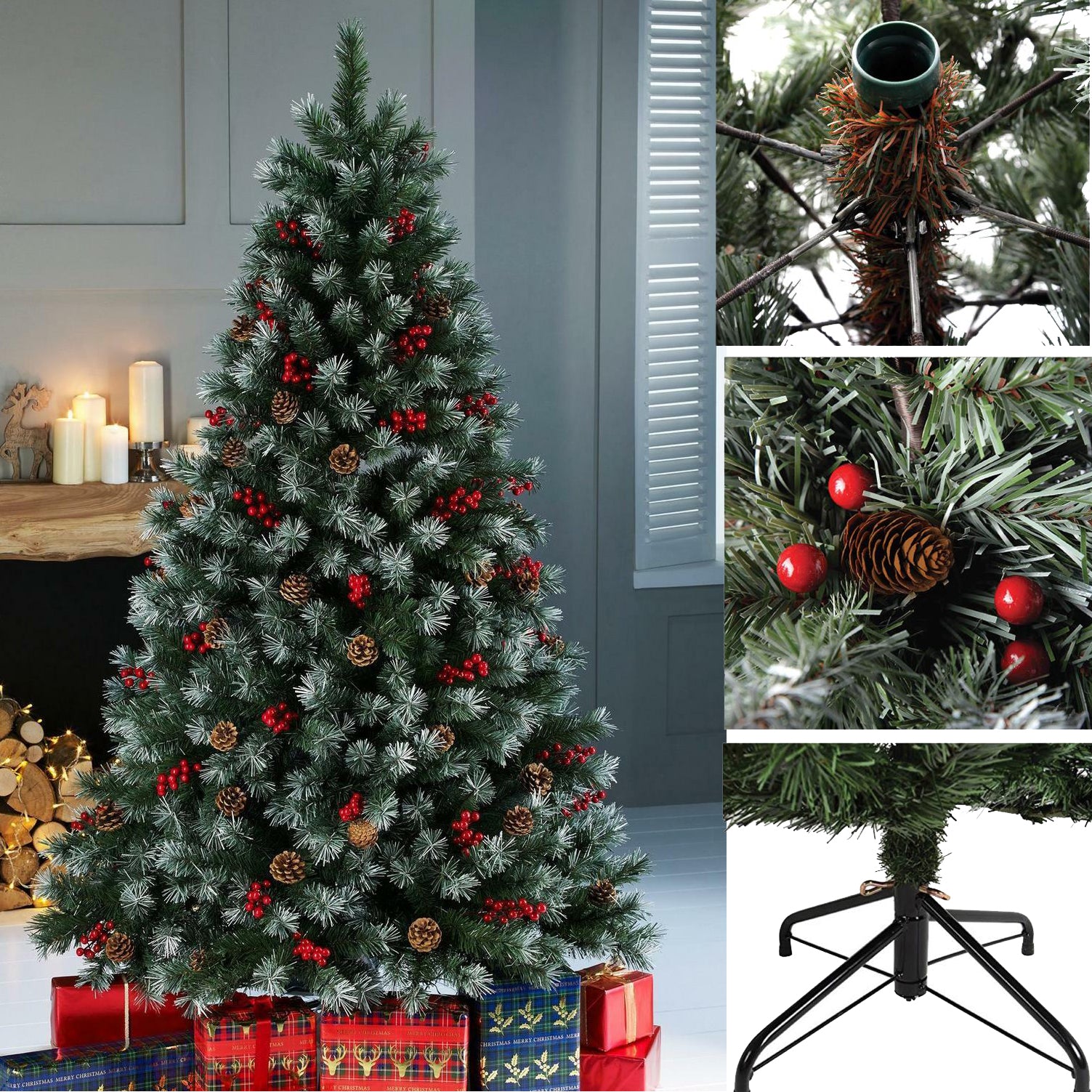 Luxury Christmas Tree Snow Frosted Pine Cone and Red Berries Xmas Tree 4/5/6Ft Luxury Christmas Tree Snow Frosted Pine Cone and Red Berries Xmas Tree 4/5/6Ft